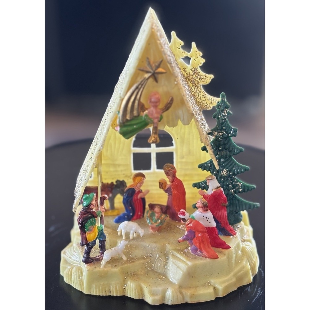 Vintage 1960s Christmas Nativity Scene Kitsch Plastic Glitter Ornament Hong Kong